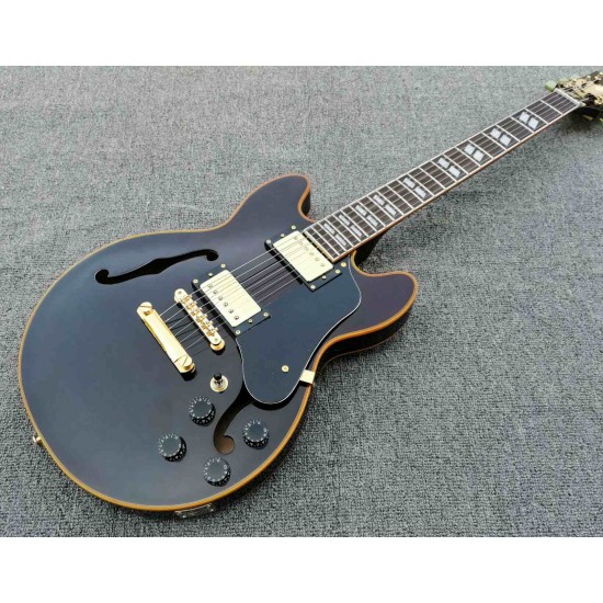 Gibson ES 339 Semi Hollow Body Gloss Black Jazz Electric Guitar Double F Holes Yellow Body Binding Gold Hardware Double Parallelogram Inlay Tuilp Tuners