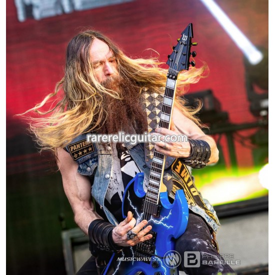 Zakk Wylde Audio Warhammer Dimebag Darrell Cowboys From Hell Blue Lightning Electric Guitar Large Block Inlay Floyd Rose Tremolo Bridge Whammy Bar Black Hardware