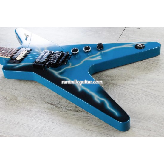 Washburn Dimebag Darrell Dime DimeBolt Dean From Hell Blue Lightning Electric Guitar Dot Inlay Floyd Rose Tremolo Bridge Whammy Bar Locking Nut Chrome Grover Tuners