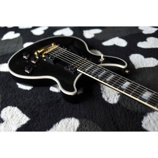 Custom Tak Matsumoto Doublecut Ebony Standard Black Electic Guitar White MOP Block Fingerboard Inlay Traditional Tulip Tunders