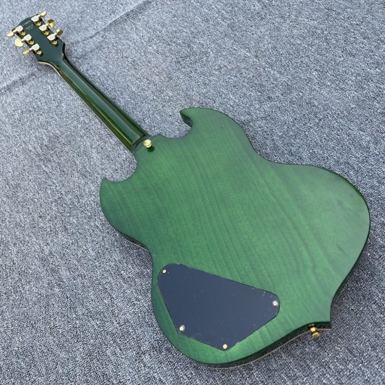 Custom L5 Trans Green Quilted Mape Top SG Double Cutaway Electric Guitar Abalone Body Binding & Inlay, Gold Hardware, Grover Tuners, Maple Fingerboard