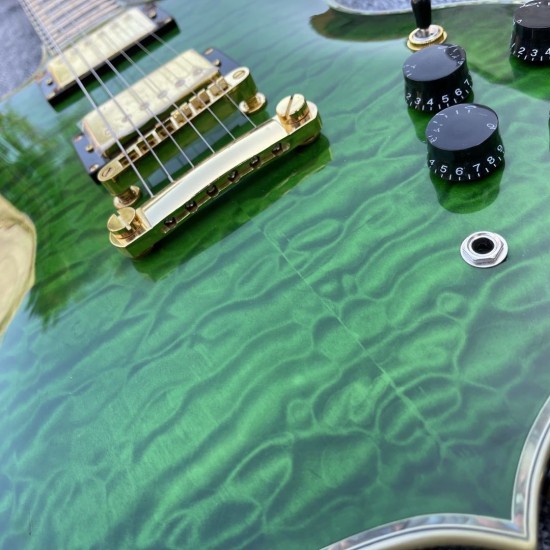 Custom L5 Trans Green Quilted Mape Top SG Double Cutaway Electric Guitar Abalone Body Binding & Inlay, Gold Hardware, Grover Tuners, Maple Fingerboard