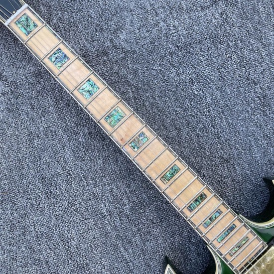 Custom L5 Trans Green Quilted Mape Top SG Double Cutaway Electric Guitar Abalone Body Binding & Inlay, Gold Hardware, Grover Tuners, Maple Fingerboard