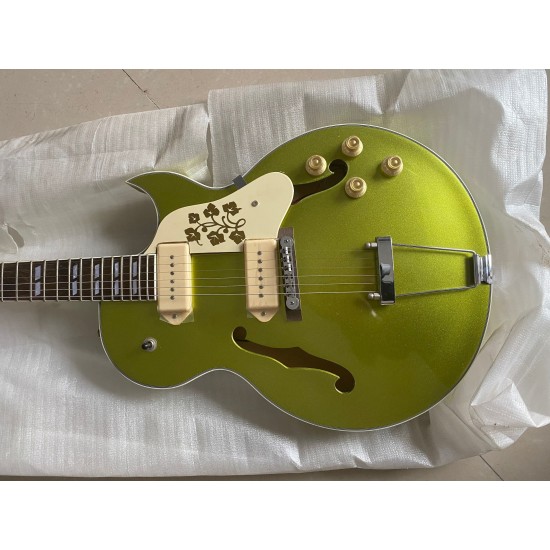 Custom Shop ES 295 Memphis Scotty Moore Metallic Green Gold Hollow Body Electric Guitar Double F Holes, White P90 Pickups, Trapeze Tailpiece