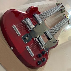 EDS 1275 Jimmy Page Led Zeppeli Wine Red Double Neck SG Electric Guitar 12+6 Strings, Claw Tailpiece, Split Parallelogram Inlays, Tuilp Tuners, Black Pickguard