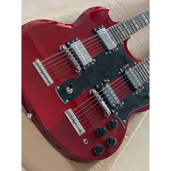 EDS 1275 Jimmy Page Led Zeppeli Wine Red Double Neck SG Electric Guitar 12+6 Strings, Claw Tailpiece, Split Parallelogram Inlays, Tuilp Tuners, Black Pickguard