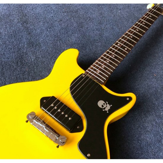 Custom Billie Joe Armstrong Signature Junior Double Cutaway Cream Yellow Electric Guitar Skull Bone Black Pickguard, Dot Fingerboard Inlay