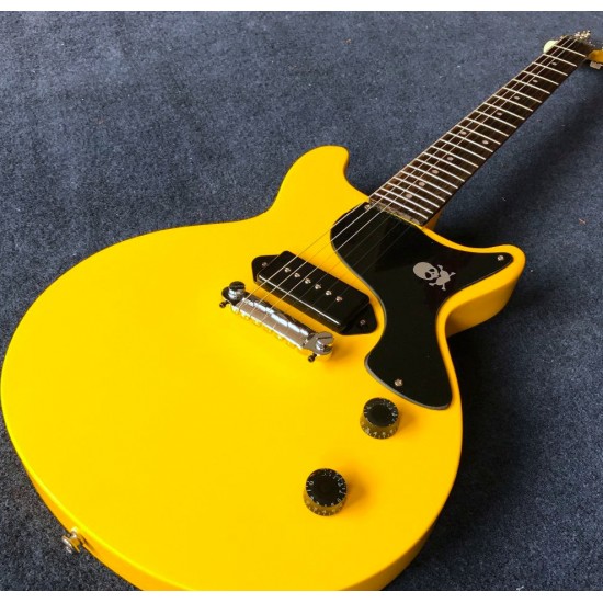 Custom Billie Joe Armstrong Signature Junior Double Cutaway Cream Yellow Electric Guitar Skull Bone Black Pickguard, Dot Fingerboard Inlay