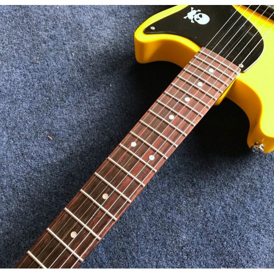 Custom Billie Joe Armstrong Signature Junior Double Cutaway Cream Yellow Electric Guitar Skull Bone Black Pickguard, Dot Fingerboard Inlay