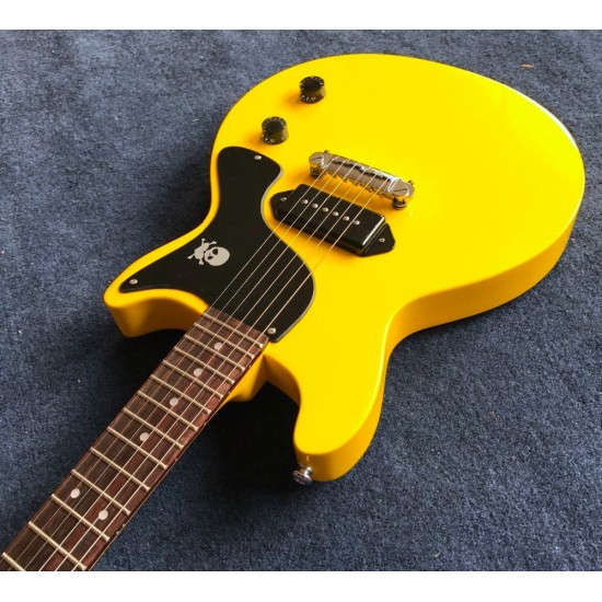 Custom Billie Joe Armstrong Signature Junior Double Cutaway Cream Yellow Electric Guitar Skull Bone Black Pickguard, Dot Fingerboard Inlay