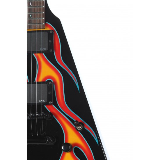 Metallic James Hetfield JH-1 Hot Rod Flying V Red Flames Electric Guitar "M" Ninja Star Inlay, China EMG Pickups, Black Hardware