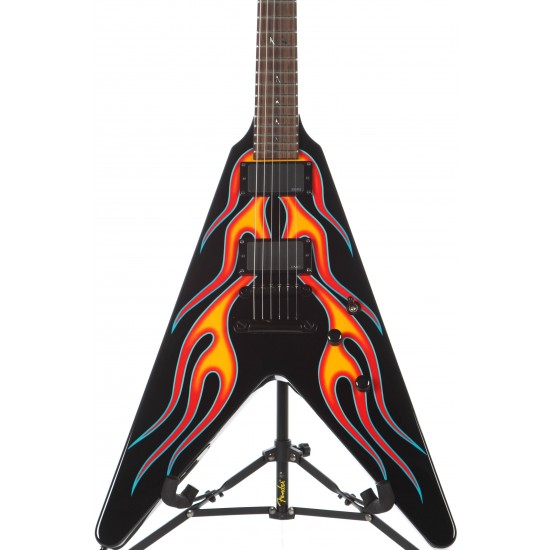 Metallic James Hetfield JH-1 Hot Rod Flying V Red Flames Electric Guitar "M" Ninja Star Inlay, China EMG Pickups, Black Hardware