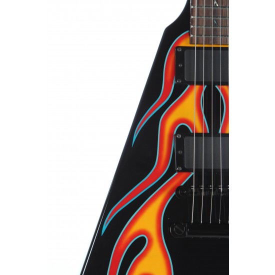 Metallic James Hetfield JH-1 Hot Rod Flying V Red Flames Electric Guitar "M" Ninja Star Inlay, China EMG Pickups, Black Hardware