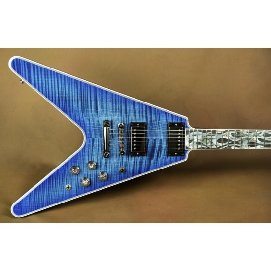 Super Rare Flamethrower Flying V Ultima Indigo Blue Flame Maple Top Electric Guitar White Pearloid & Abalone Flame Inlay, 2 Humbucker Pickup