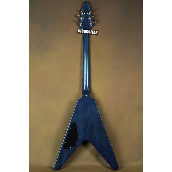 Super Rare Flamethrower Flying V Ultima Indigo Blue Flame Maple Top Electric Guitar White Pearloid & Abalone Flame Inlay, 2 Humbucker Pickup