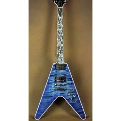 Super Rare Flamethrower Flying V Ultima Indigo Blue Flame Maple Top Electric Guitar White Pearloid & Abalone Flame Inlay, 2 Humbucker Pickup