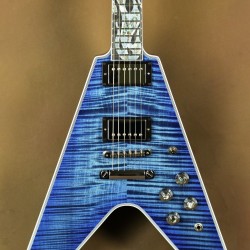 Super Rare Flamethrower Flying V Ultima Indigo Blue Flame Maple Top Electric Guitar White Pearloid & Abalone Flame Inlay, 2 Humbucker Pickup