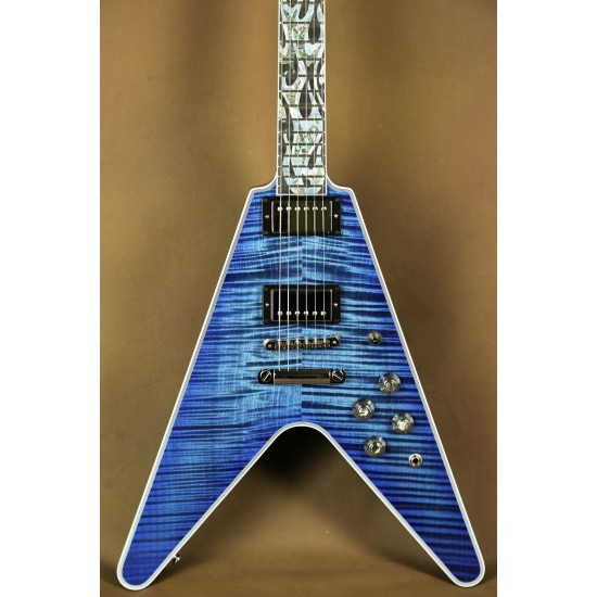 Super Rare Flamethrower Flying V Ultima Indigo Blue Flame Maple Top Electric Guitar White Pearloid & Abalone Flame Inlay, 2 Humbucker Pickup