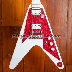 Ltd Dave Rude Flying V White Electric Guitar Hard Maple Fingerboard, Red Pearloid Pickguard, coil-splitting Pickups, Grover Tuners