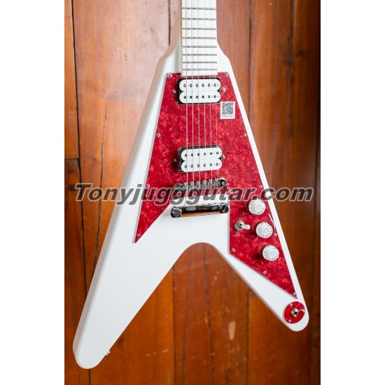 Ltd Dave Rude Flying V White Electric Guitar Hard Maple Fingerboard, Red Pearloid Pickguard, coil-splitting Pickups, Grover Tuners