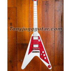 Ltd Dave Rude Flying V White Electric Guitar Hard Maple Fingerboard, Red Pearloid Pickguard, coil-splitting Pickups, Grover Tuners