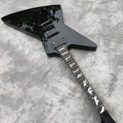 Heavy Metal Ironic James Hetfield Gloss Black Explorer Electric Guitar Man to Wolf Inlay, Active Pickups & 9V Battery Box, Black Hardware