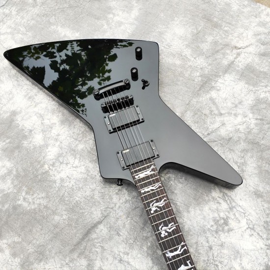 Heavy Metal Ironic James Hetfield Gloss Black Explorer Electric Guitar Man to Wolf Inlay, Active Pickups & 9V Battery Box, Black Hardware