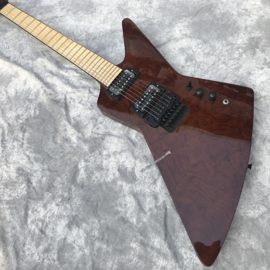 7 Strings James Hetfield Dark Red Brown Explorer Electric Guitar Maple Fingerboard, Floyd Rose Tremolo Bridge, Black Hardware, Passive Pickups, 9V Battery Box