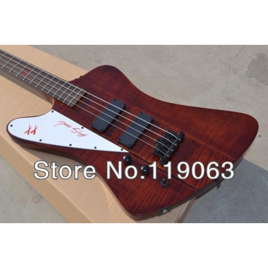 Custom 4 Strings Fire Thunderbird Nikki XX Signature Wine Red Flame Maple Top Electric Bass Guitar EMG Pickups Black Hardware