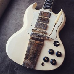 1968 Jimi SG Vintage White Double Cutaway Electric Guitar Long Version Maestro Vibrola Tremolo Bridge, Gold Hardware, Rosewood Fingerboard