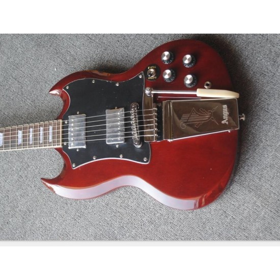 Collector Angus Young Wine Red SG Electric Guitar Engraved Lyre Long Vibrola Maestro tremolo, Pearl trapezoid inlay, Tuilp Tuners, Chrome Hardware