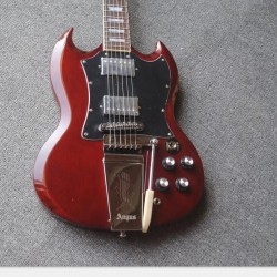 Collector Angus Young Wine Red SG Electric Guitar Engraved Lyre Long Vibrola Maestro tremolo, Pearl trapezoid inlay, Tuilp Tuners, Chrome Hardware