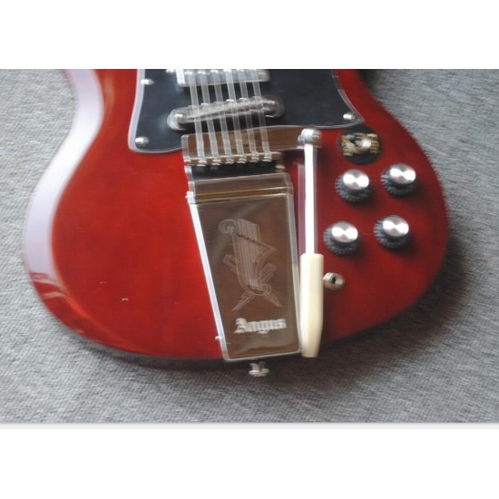 Collector Angus Young Wine Red SG Electric Guitar Engraved Lyre Long Vibrola Maestro tremolo, Pearl trapezoid inlay, Tuilp Tuners, Chrome Hardware