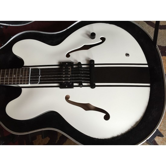 Rare ES 333 Tom Delonge Signature Semi Hollow Body White Black Stripe Jazz Electric Guitar Black Body Binding, Single Pickup, Black Hardware