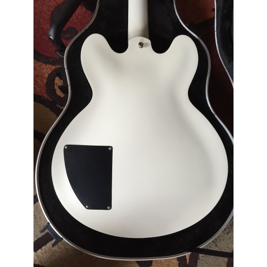 Rare ES 333 Tom Delonge Signature Semi Hollow Body White Black Stripe Jazz Electric Guitar Black Body Binding, Single Pickup, Black Hardware