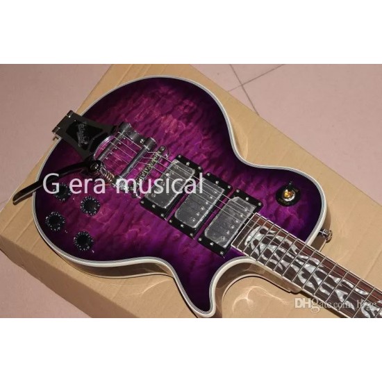 Custom Shop Trans Purple Quilted Maple Top Electric Guitar Bigs Birdge, Flame MOP Fingerboard Inlay, 3 Humbucker Pickups, Chrome Hardware