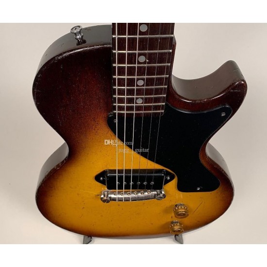 Tobacco Sunburst Relic Junior Electric Guitar Black P90 Dog Ear Pickup Black Pickguard Wrap Around Tailpiece Single Cutaway White Tuners