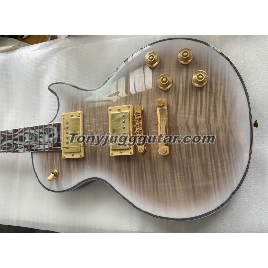 Custom Crimson Ice Gray Figured Maple Top Electric Guitar 3 Piece Flame Maple Neck Abalone Fire Inlay Grover Imperial Tuners Gold Hardware