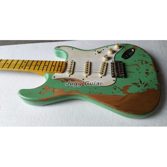 Masterbuilt Heavy Relic Nitrocellulose Lacquer Green Electric Guitar Alder Body, 3 Saddle Bridge, Vintage Tuners