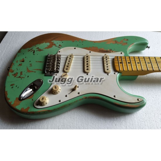 Masterbuilt Heavy Relic Nitrocellulose Lacquer Green Electric Guitar Alder Body, 3 Saddle Bridge, Vintage Tuners