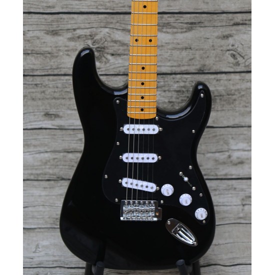 Custom David Gilmour Black Strat Ocaster Electric Guitar Black-Black-Black 3 Ply Pickguard, Yellow Neck, Vintage Tuners, Tremolo Bridge & Whammy Bar