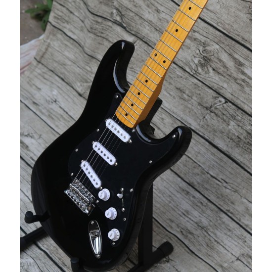 Custom David Gilmour Black Strat Ocaster Electric Guitar Black-Black-Black 3 Ply Pickguard, Yellow Neck, Vintage Tuners, Tremolo Bridge & Whammy Bar