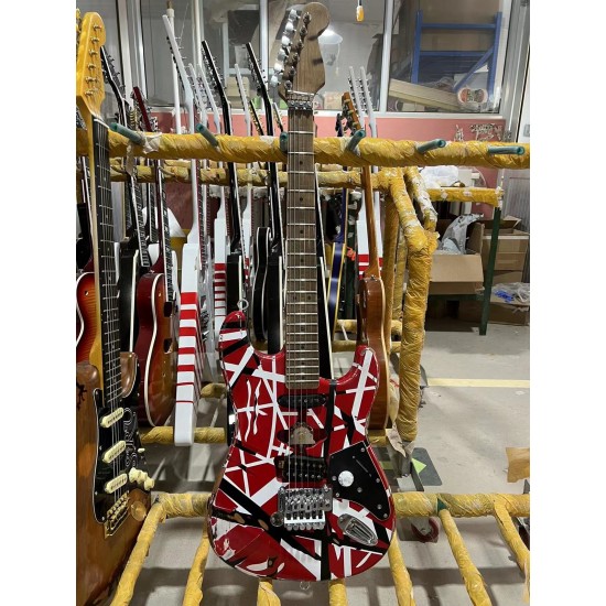 Edward Eddie Van Halen Heavy Relic Red Franken Strat Electric Guitar Black White Stripes Floyd Rose Tremolo Bridge Slanted Pickup Eye hook strap holders 1971 quarter