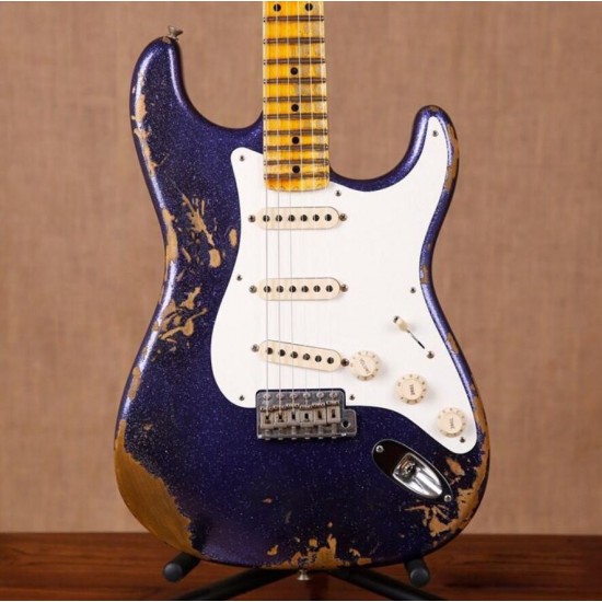 MasterBuilt Heavy Relic Metallic Blue Sparkle Strat Electric Guitar Vintage Tuners, Aged Chrome Hardware, Tremolo Bridge & Whammy Bar