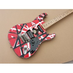 Heavy Relic White Stripe Red Strat Electric Guitar Eddie Edward Van Halen Franken Stein China Guitars, Black Alder Body, Maple Neck, Floyd Rose Tremolo, Smoke Scar