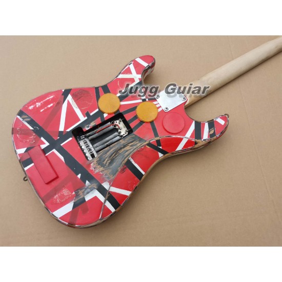 Heavy Relic White Stripe Red Strat Electric Guitar Eddie Edward Van Halen Franken Stein China Guitars, Black Alder Body, Maple Neck, Floyd Rose Tremolo, Smoke Scar