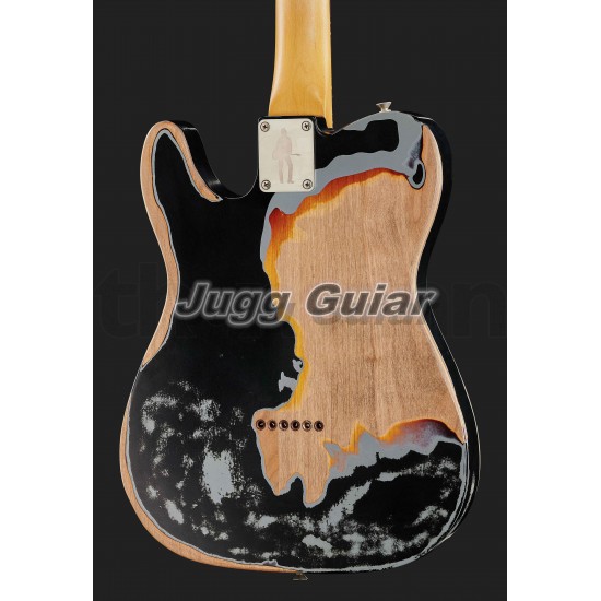 Masterbuilt Joe Strummer Signature Road Worn Black Over 3 Tone Sunburst Relic Tele Electric Guitar Alder Body, Maple Neck 3 Saddle Bridge, Black Pickguard