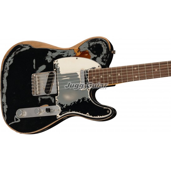 Masterbuilt Joe Strummer Signature Road Worn Black Over 3 Tone Sunburst Relic Tele Electric Guitar Alder Body, Maple Neck 3 Saddle Bridge, Black Pickguard