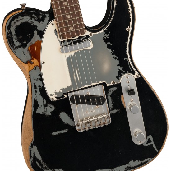 Masterbuilt Joe Strummer Signature Road Worn Black Over 3 Tone Sunburst Relic Tele Electric Guitar Alder Body, Maple Neck 3 Saddle Bridge, Black Pickguard