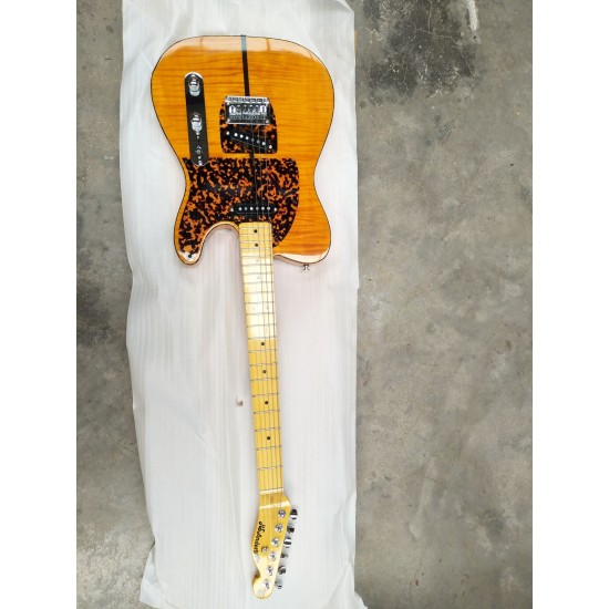 Prince HS Anderson & Hohner Madcat Mad Cat Tele Flame Maple Top & Back Yellow Electric Guitar Leopard Pickguard, Red Turtle Body Binding